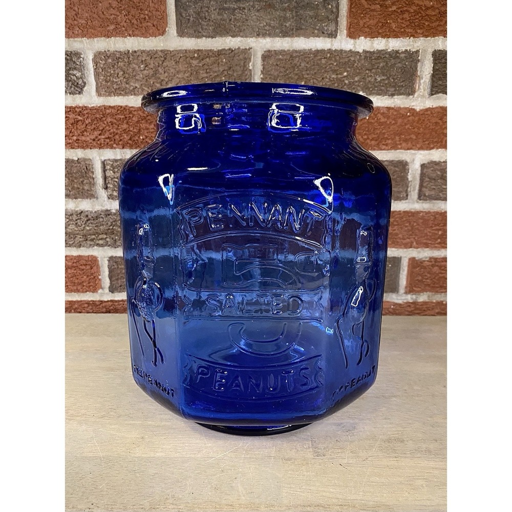 Vintage Large "PLANTERS "MR PEANUTS" Cobalt Blue Glass Jar No‎ Lid No Chips
